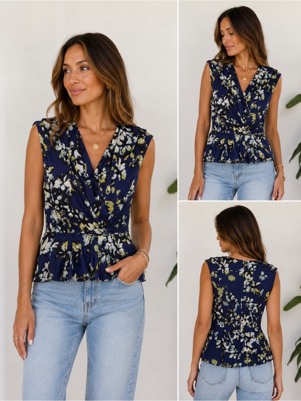 Oscar de la Renta Navy Floral Sill Sleeveless Top
